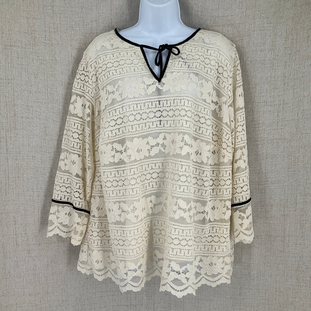 Talbots Lace Tunic Blouse Womens 2X Ivory Floral Boho Split Neck Tie Top